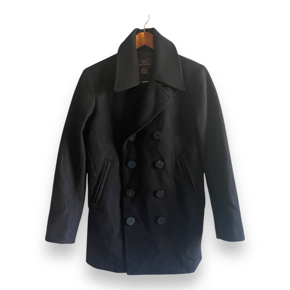 Brooks Brothers 346 Mens Wool Blend Pea Coat Navy Blue Size S Plaid Lined